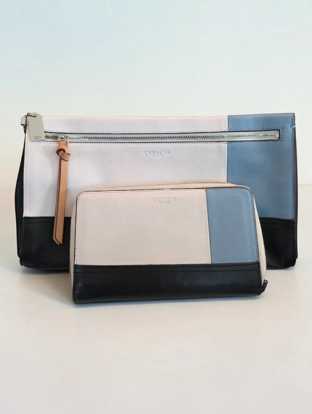 Coach Colorblock Leather Clutch and Wallet. Navu Blue, White & Light Blue